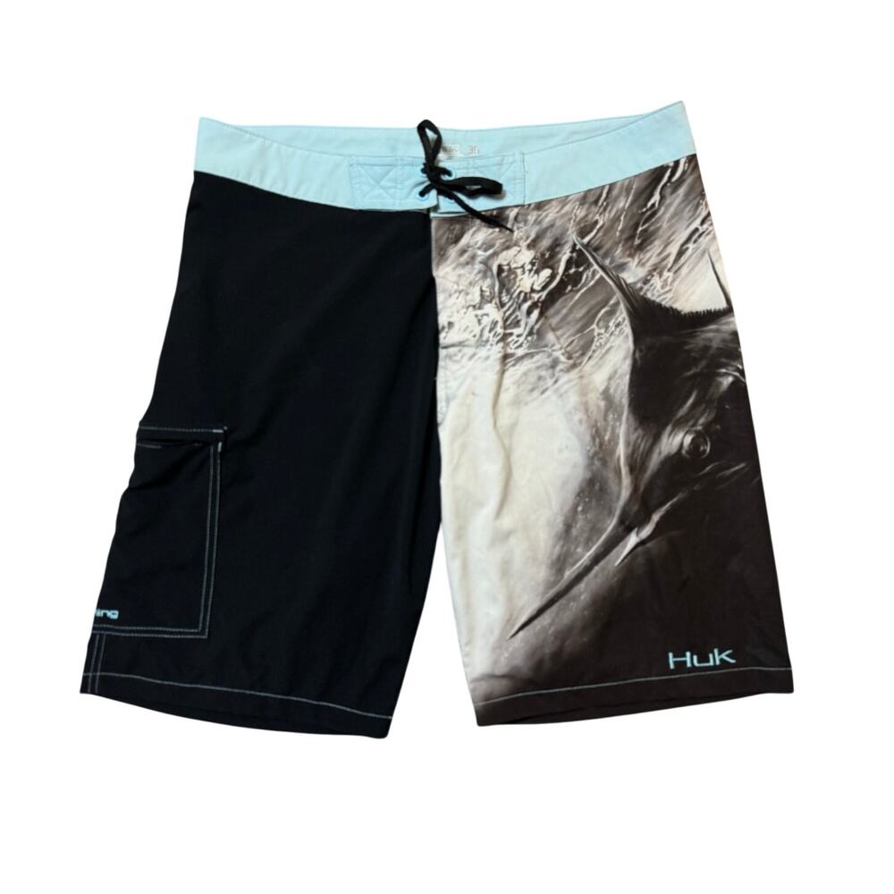 Huk KC Scott Northdrop Board Shorts Men 36 Marlin Fishing Swim Trunks Black Blue